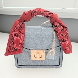 NWT Aldo Denim-Colored Hard-Shell Tote/Crossbody Bag/Purse w/Red Bandana Handle